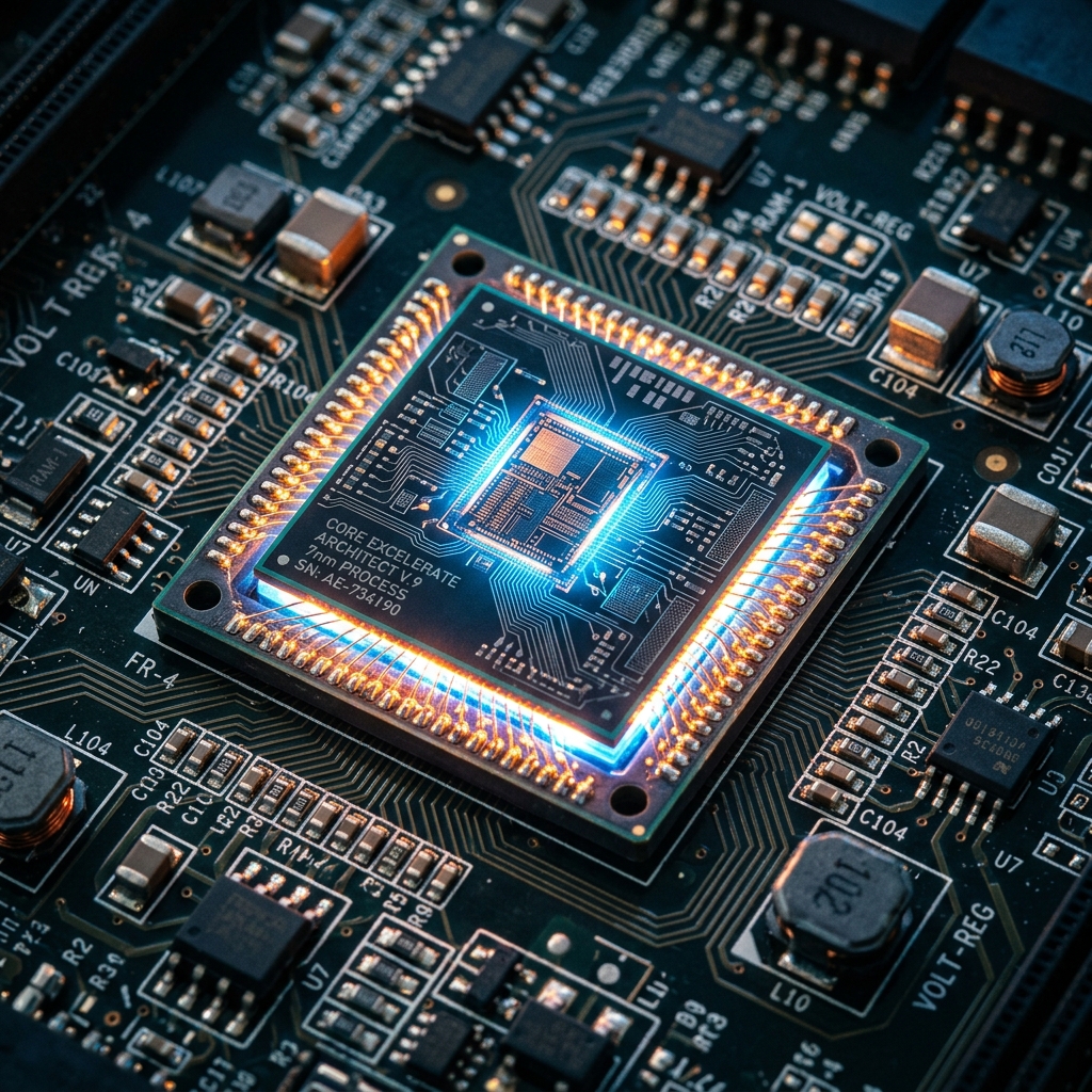 A close-up of an advanced microchip on a circuit board glowing with energy, macro photography, highly detailed.