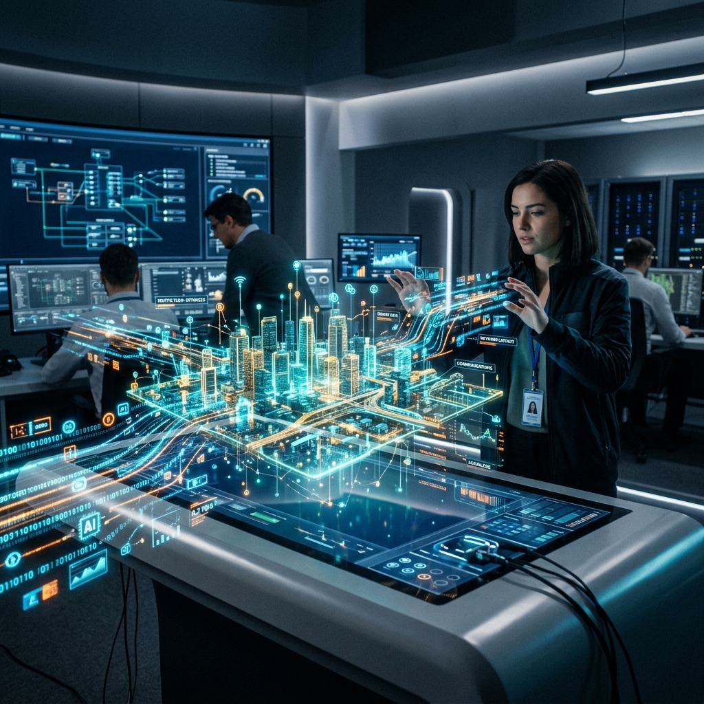 A holographic projection of a smart city network interacting with digital data streams, modern tech aesthetics, highly detailed.